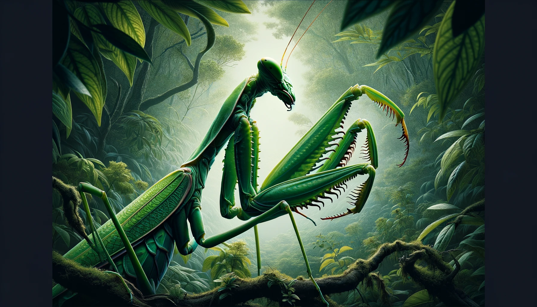 DALL·E-2024-02-12-10.25.40-A-detailed-illustration-of-a-praying-mantis-in-a-defensive-stance-with-its-forelegs-raised-against-a-backdrop-of-dense-lush-foliage.-The-mantis-is-